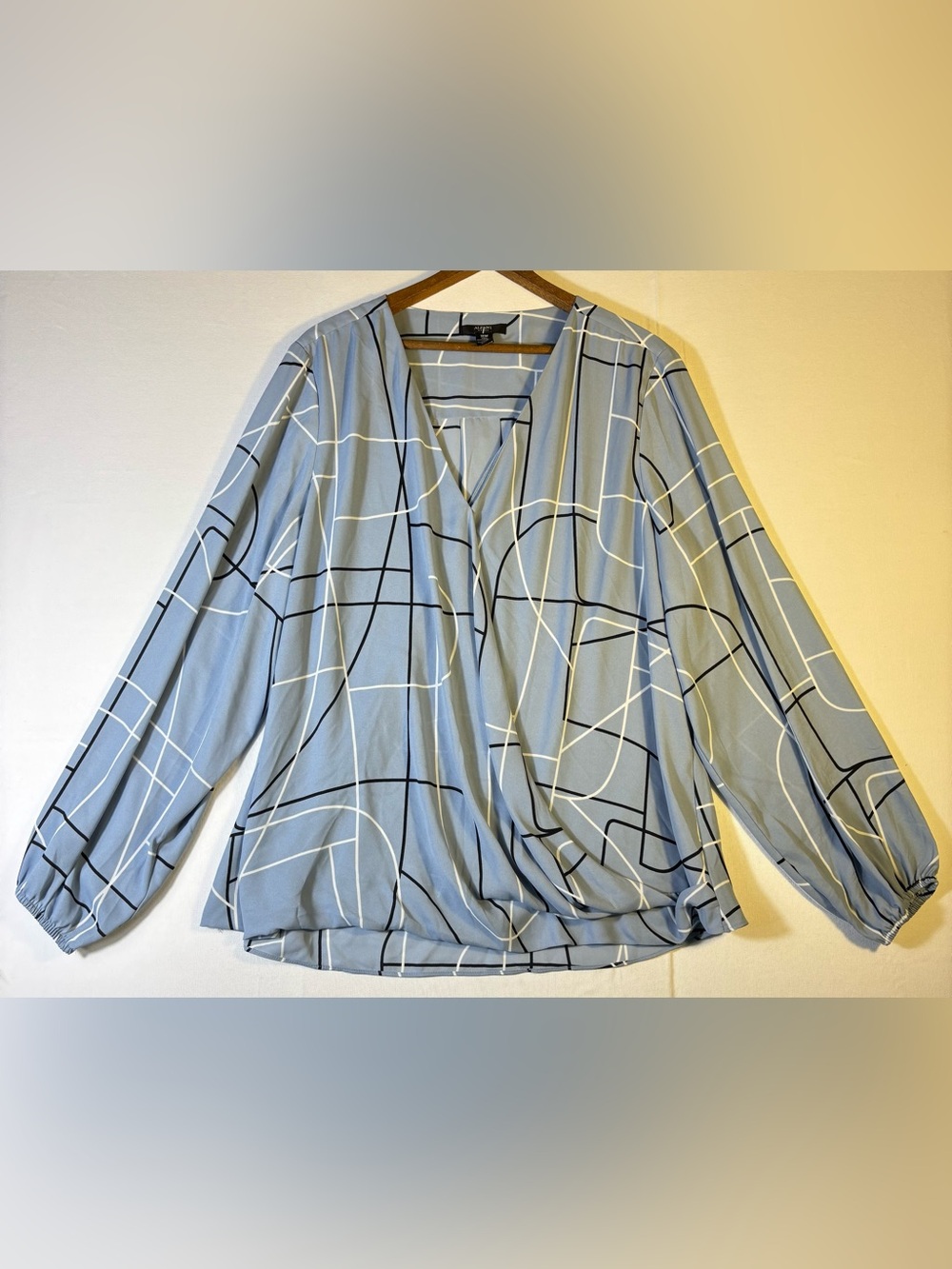 Alfani Women’s 18W V-Neck Geometric Print Wrap Blouse in Light Blue